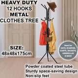 Coat Stand Rack 12 Hook Standing Clothes Tree Hanger Umbrella Hat Steel Organise