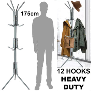 Coat Stand Rack 12 Hook Standing Clothes Tree Hanger Umbrella Hat Steel Organise