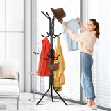 Coat Stand Rack 12 Hook Standing Clothes Tree Hanger Umbrella Hat Steel Organise