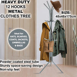 Coat Stand Rack 12 Hook Standing Clothes Tree Hanger Umbrella Hat Steel Organise