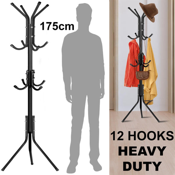 Coat Stand Rack 12 Hook Standing Clothes Tree Hanger Umbrella Hat Steel Organise