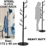 16 Hook Standing Coat Rack Premium Steel Tree Stand Clothes Hat Holder Hanger