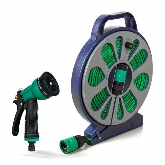 50FT Garden Flat Hose Set Kink Resistant Pipe Reel Water Spray Gun Noz