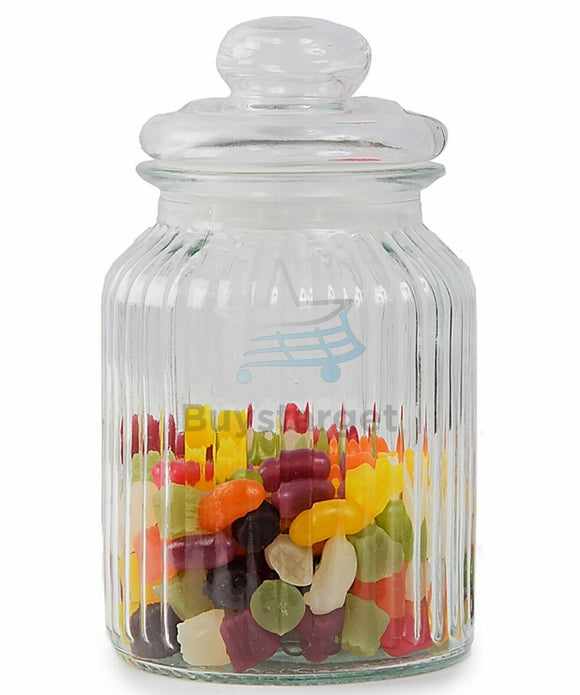 Retro 1.3 Litre Ribbed Glass Storage Jar Airtight Biscuit Cookie Container  Pot